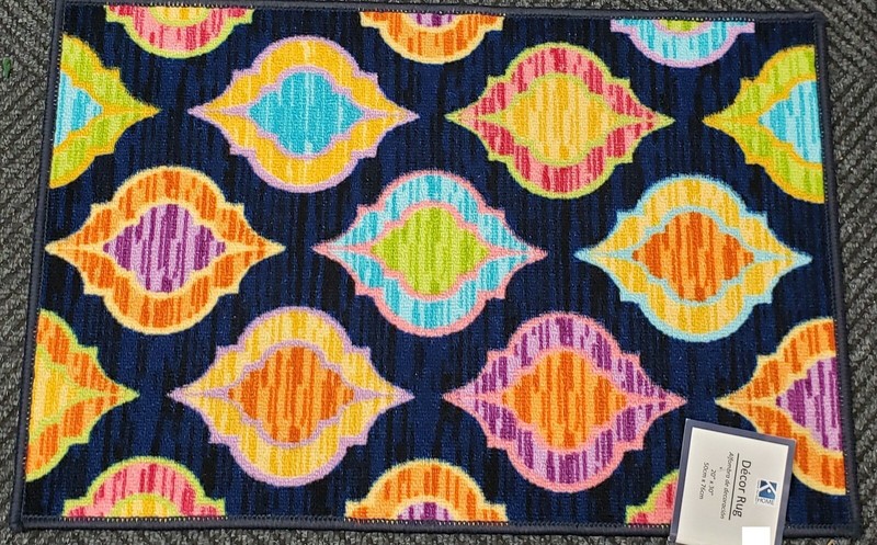 PRINTED NYLON RUG (nonskid latex)(20"x30") COLORFUL SHAPES ON BLUE,DARIEN,rec,KH gallery