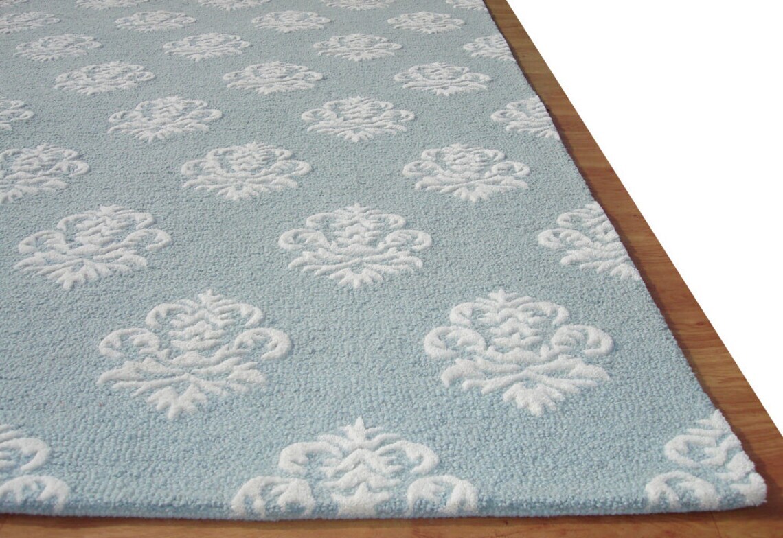 Damask Blue Loop & Cut Pile Hand-Tufted 100% Wool Handmade Area Rug Carpet for gallery
