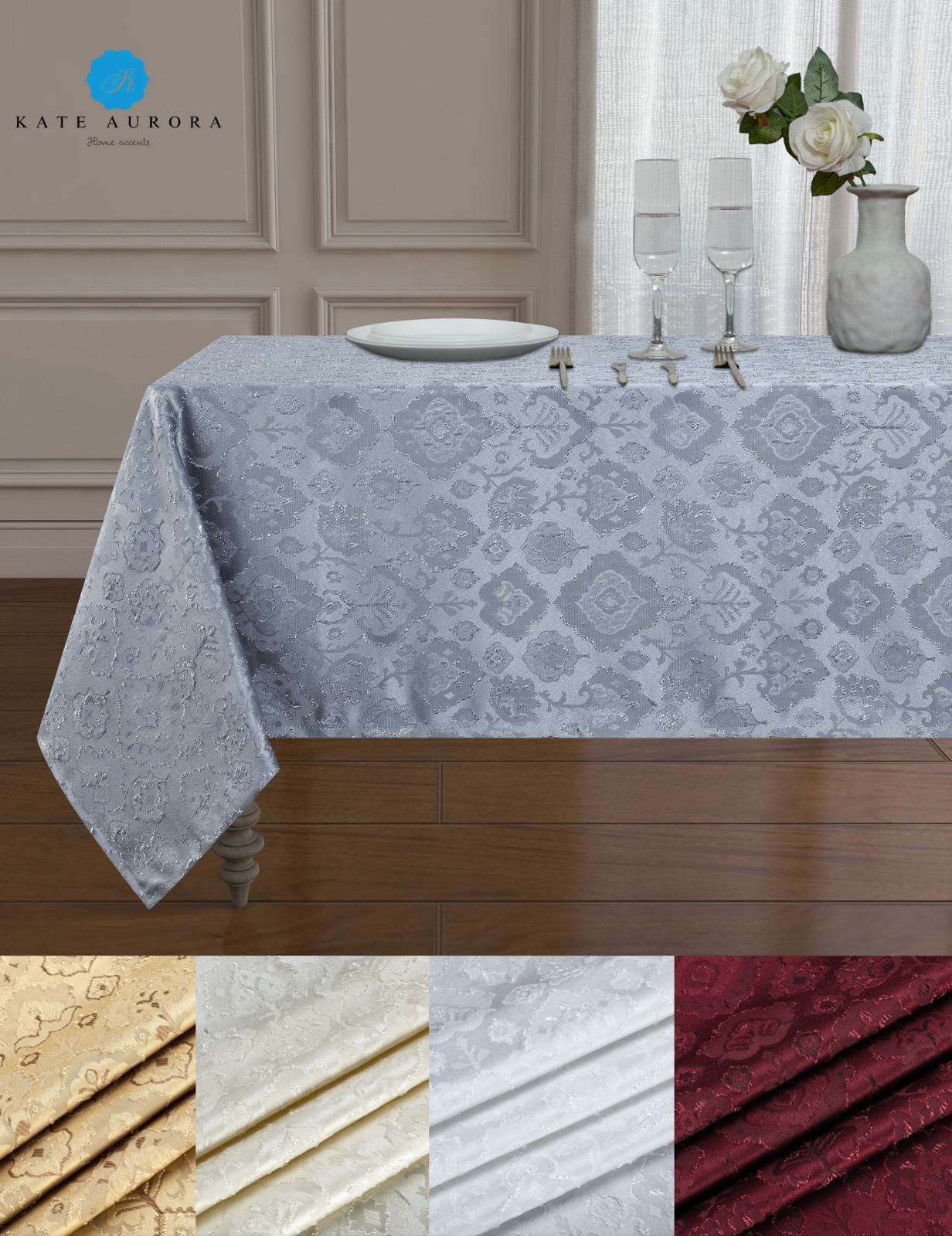 Regency Raised Jacquard Damask Fabric Tablecloth - Assorted Colors & Sizes gallery