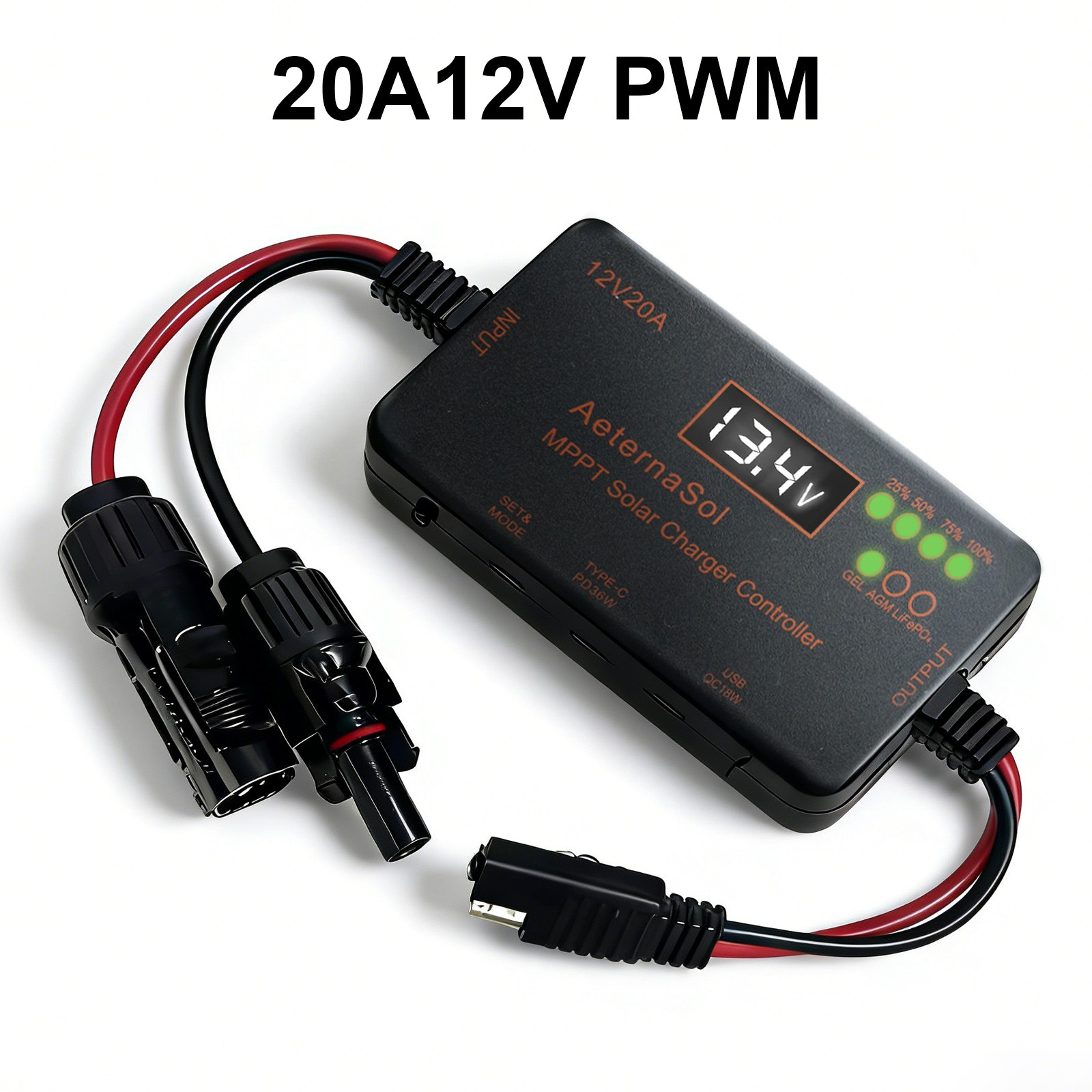 Solar Charge Controller 12V 20A Type-C&USB for Solar Panel Gel, AGM LiFePO4 gallery