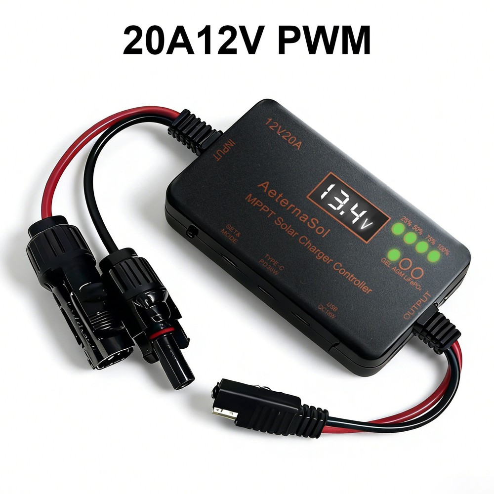 Solar Charge Controller 12V 20A Type-C&USB for Solar Panel Gel, AGM LiFePO4