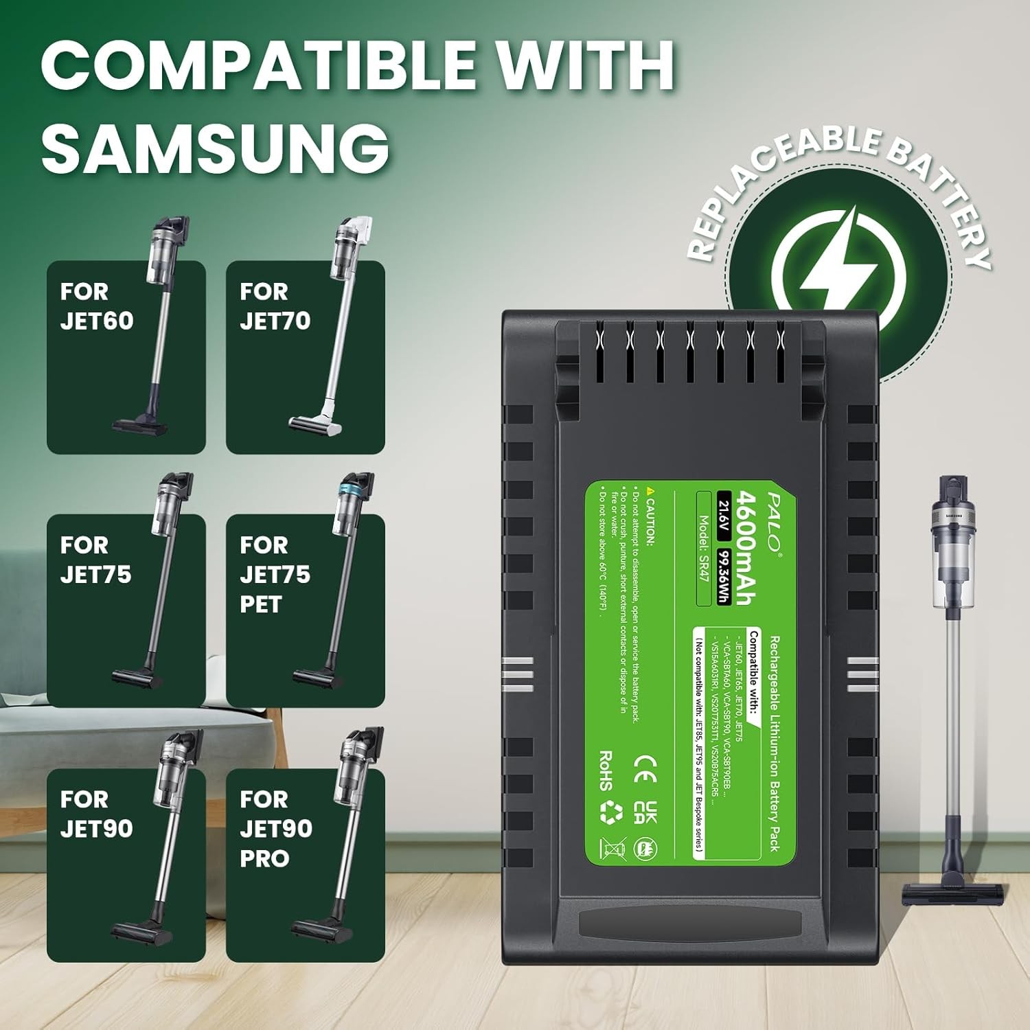 4600mAh VCA SBT90 Battery Replacement for Samsung Jet 75 75 Pet Jet60 65 70 70 gallery