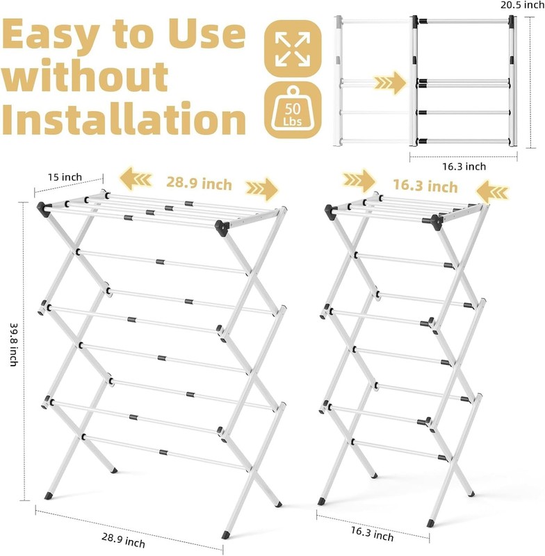 Space Saving Foldable Clothes Drying Rack, Extendable Rustproof, No Assembly gallery