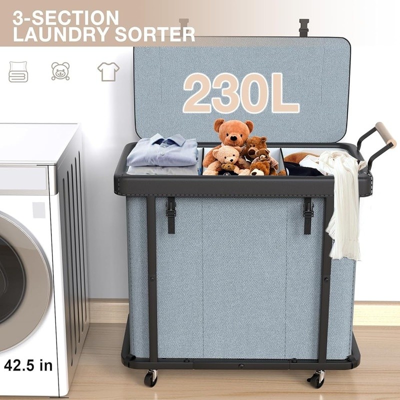 60 Gal Laundry Hamper 3 Section Laundry Sorter Rolling Lockable Wheels with Lid gallery