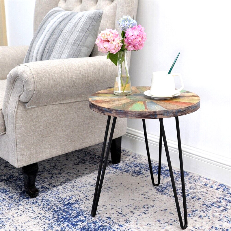 Greenage Solid Reclaimed Wood Side End Table Nightstand Round Sun Flower 20" H gallery