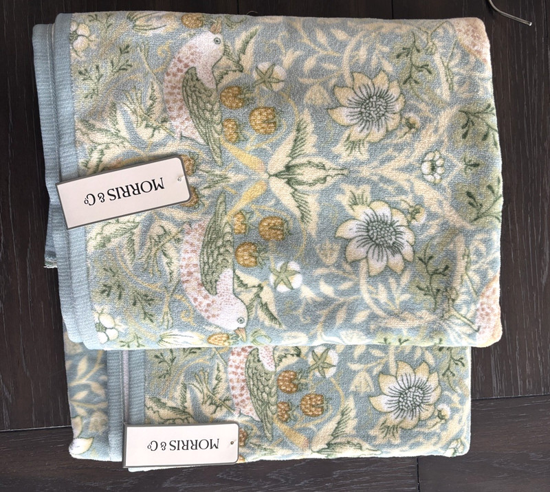 2 Pc William Morris Strawberry Thief Bird Velour Green Multi Bath Towels Set gallery