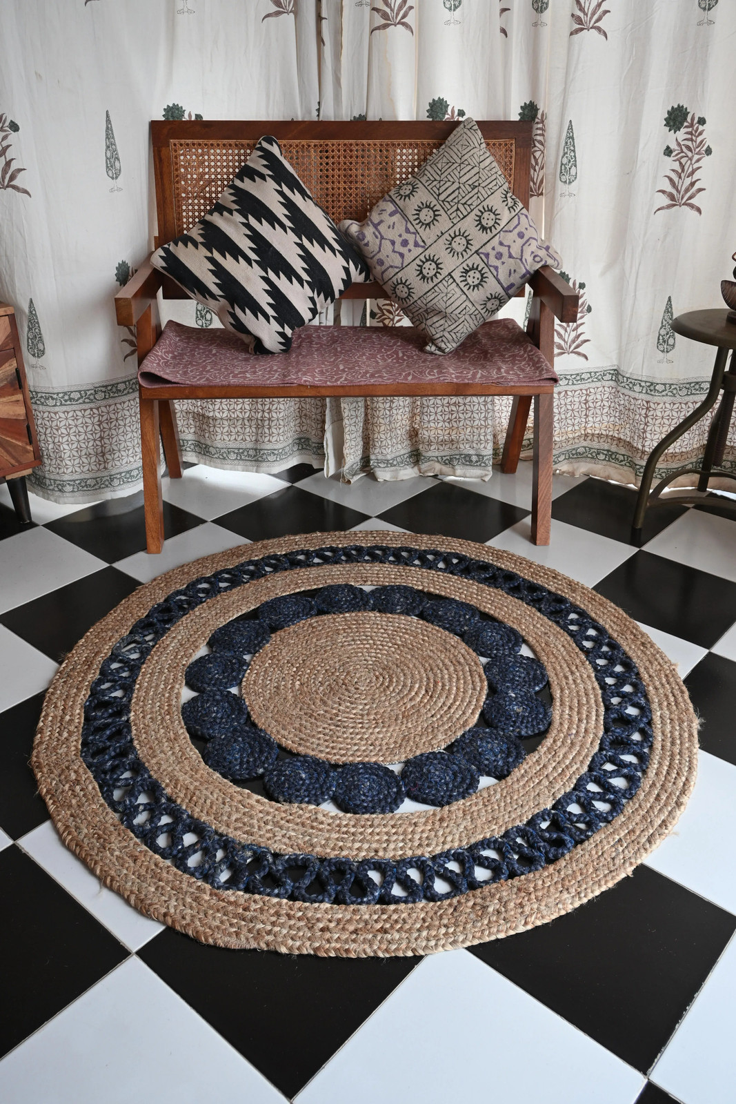 Rugmoda Jute Rug Blue & Natural Braided Round 4x4 ft Living Room Bedroom Area Ru gallery