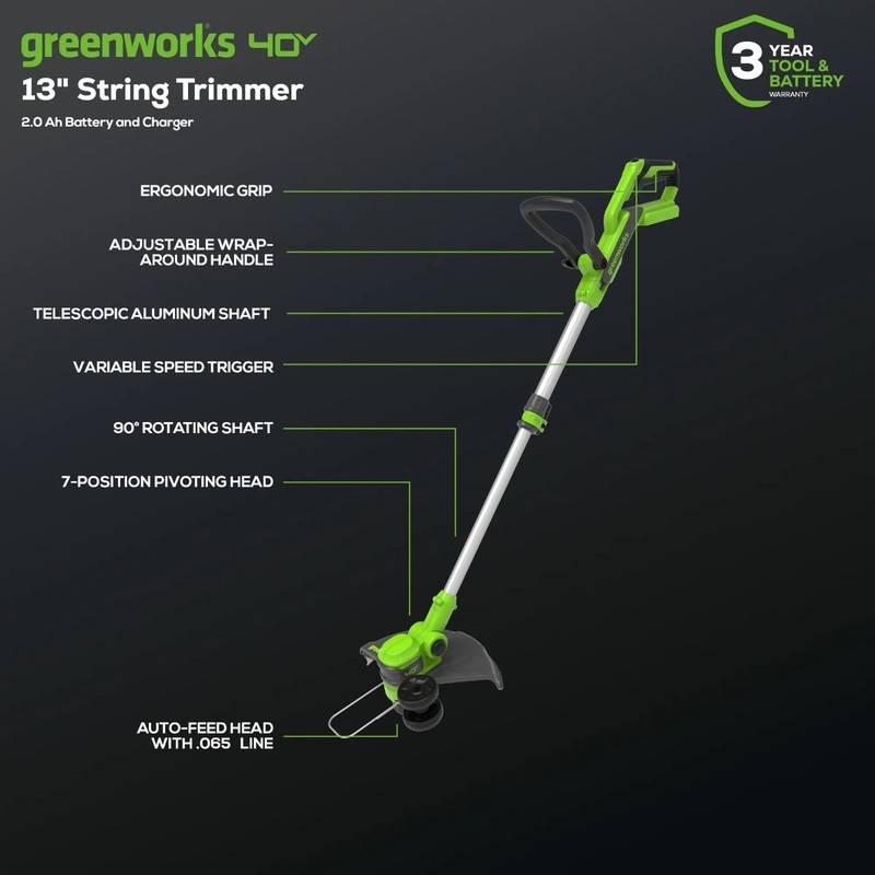 Greenworks 40V 13" Gen2 Cordless String Trimmer/ Edger w/ 2Ah Battery & Charger gallery