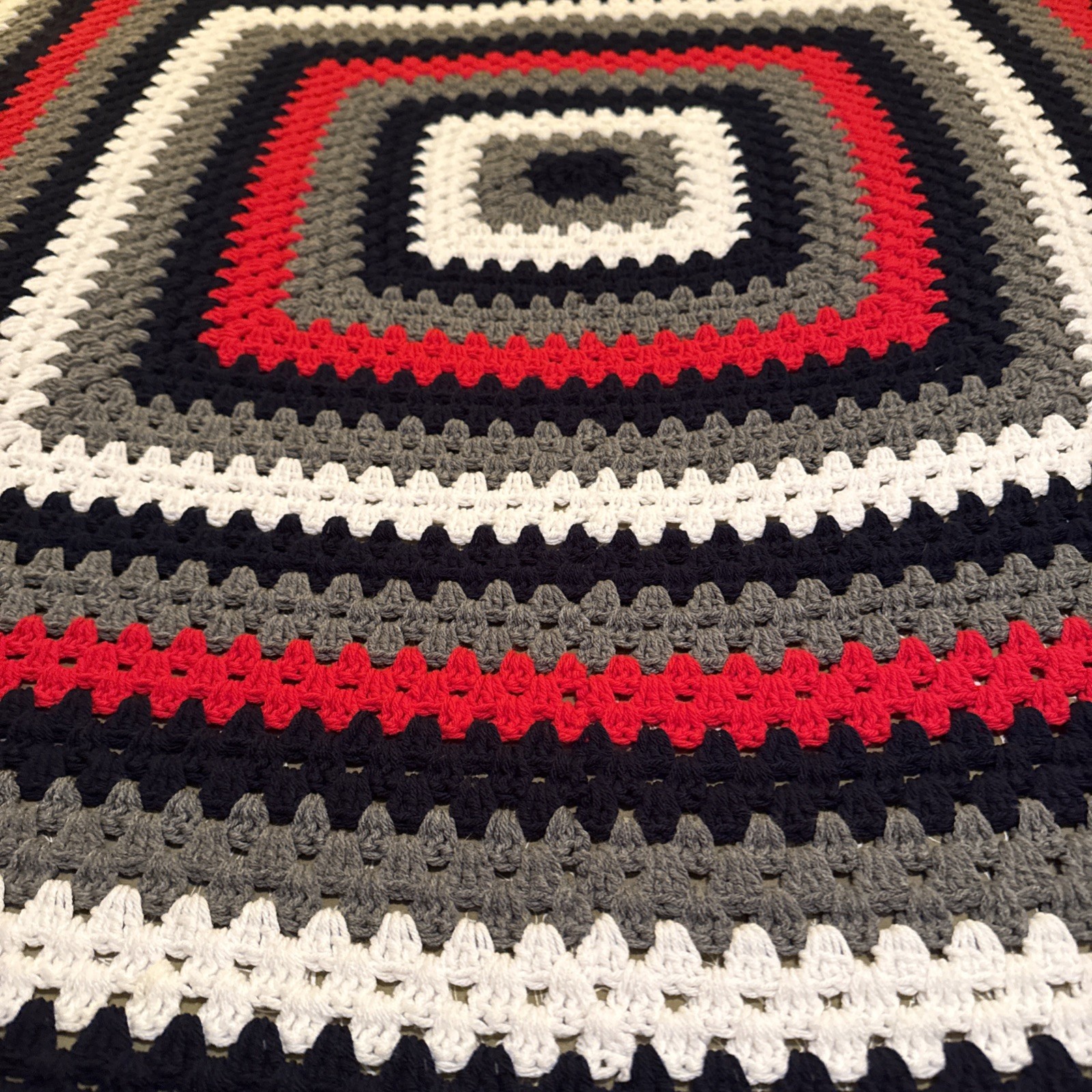 Handmade Crocheted Afghan Red Black White Gray 60” x 60” Throw Blanket gallery