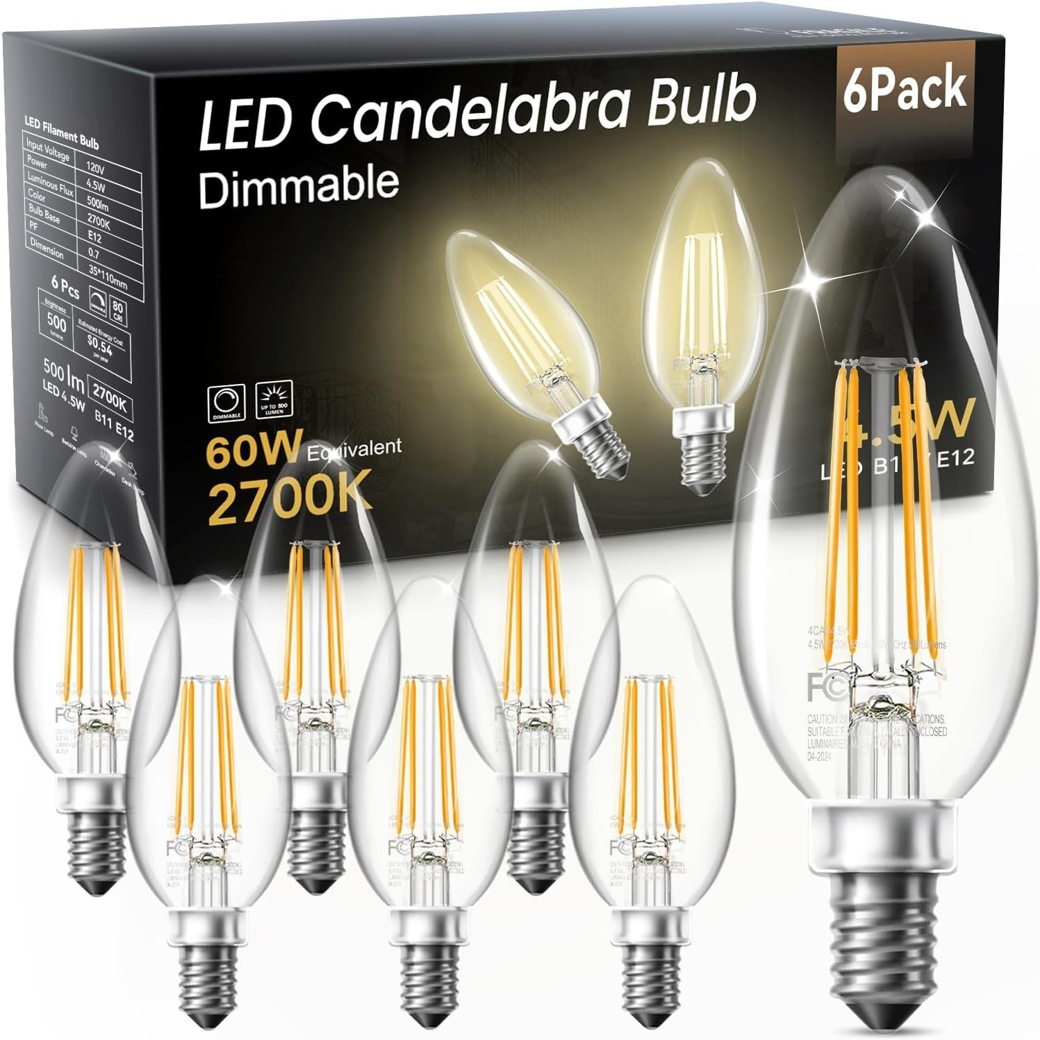 6/12/24Pack B11 Candelabra Dimmable Bulb, 4.5W Equivalent 60W, 2700K Soft White gallery
