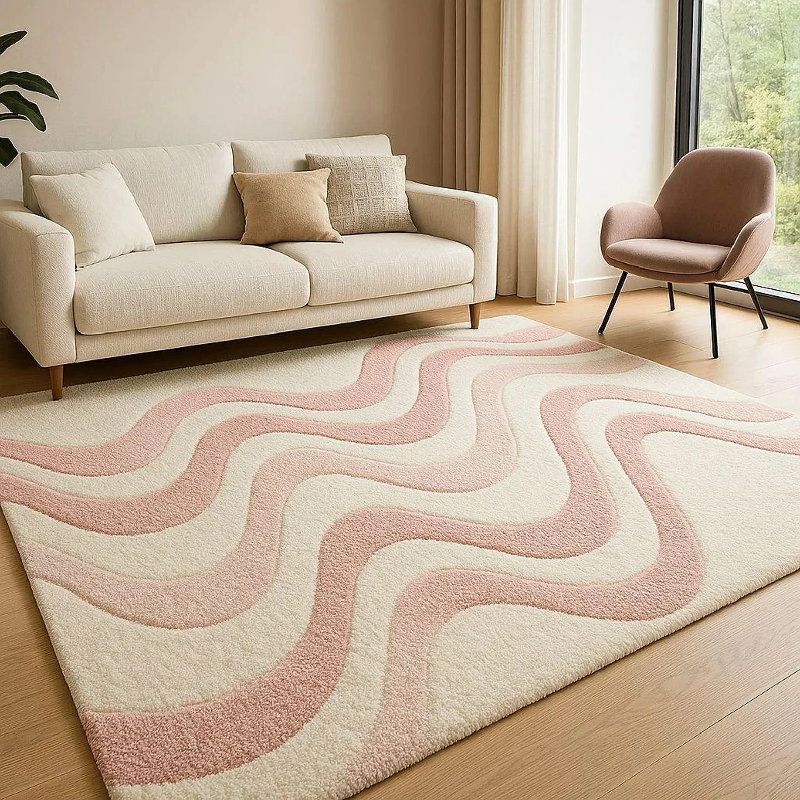 Hand-Tufted Cream and Pink Wavy Pattern Stylish Living Room Area Rug Carpet gallery