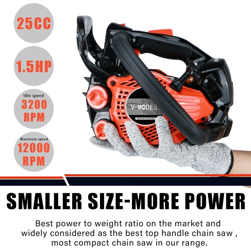 V-MODEST 2511 12'' Gas Top Handle Chainsaw 25CC Climbing Saw 1.5HP 12000RPM gallery