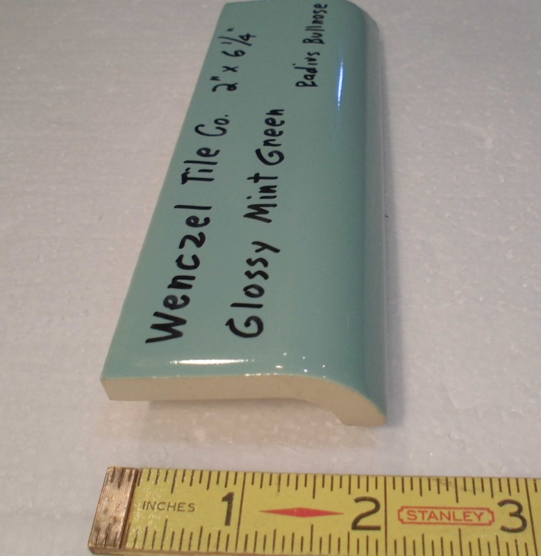1 pc. Mint Green: Glossy Ceramic Radius Bullnose Tile: Wenczel Co. 2" X 6-1/4" gallery