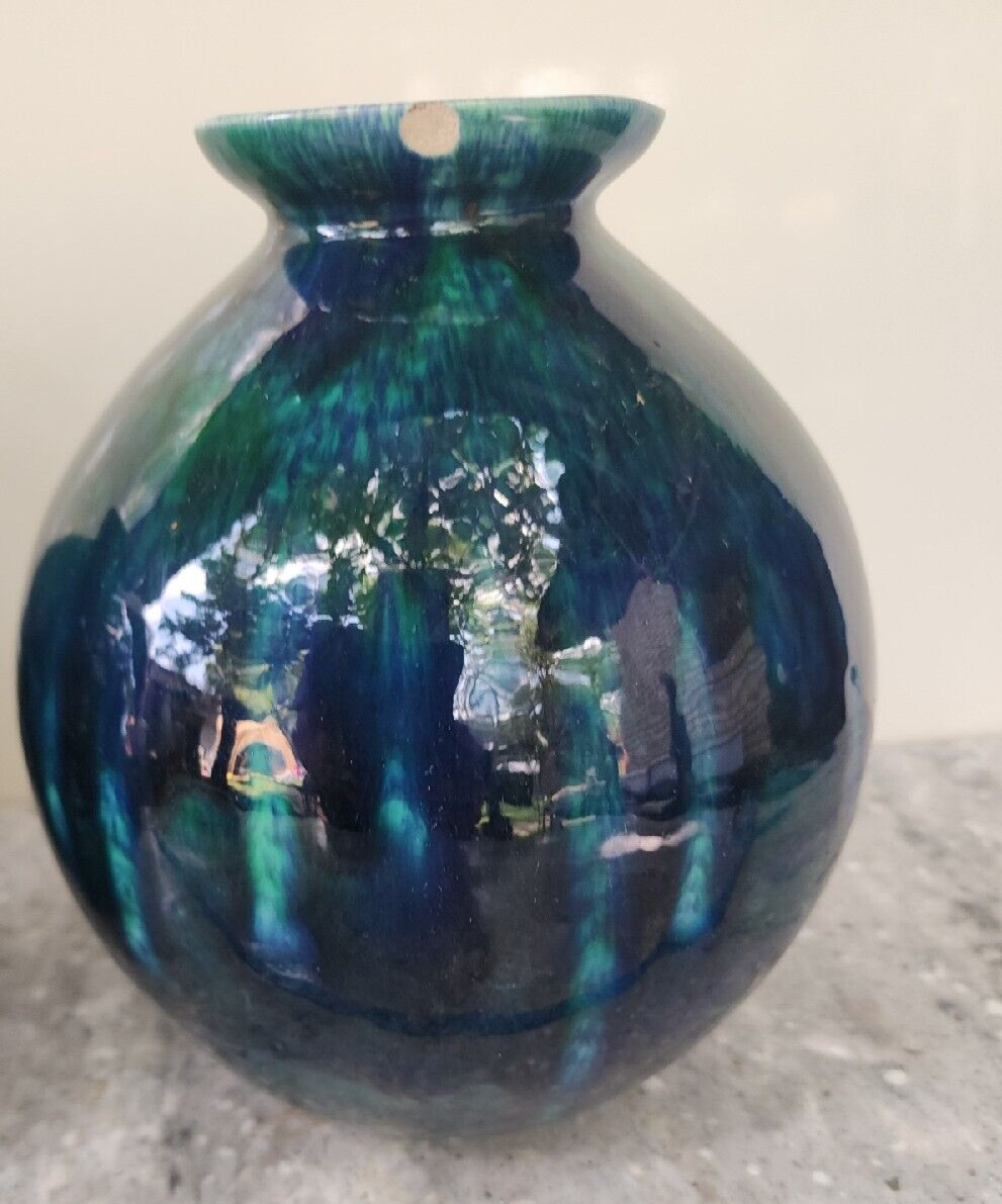 Vintage Iridescent Green & Blue Pottery Set of 2 1979 *CHIP ON ONE* *READ* (RV) gallery