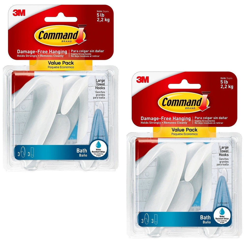 2 Pks 3M Command 3 Large Bath Towel Hooks & 3 Adhesive Strips Per Pack Max 5 lb