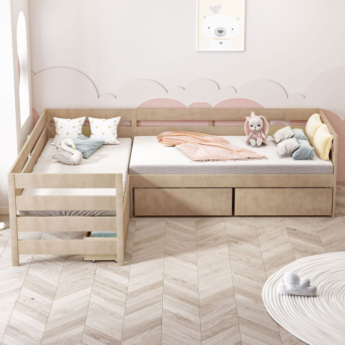 L-shaped Platform Bed Frames with Storage Drawers Solid Wood Twin Bed Corner Bed gallery