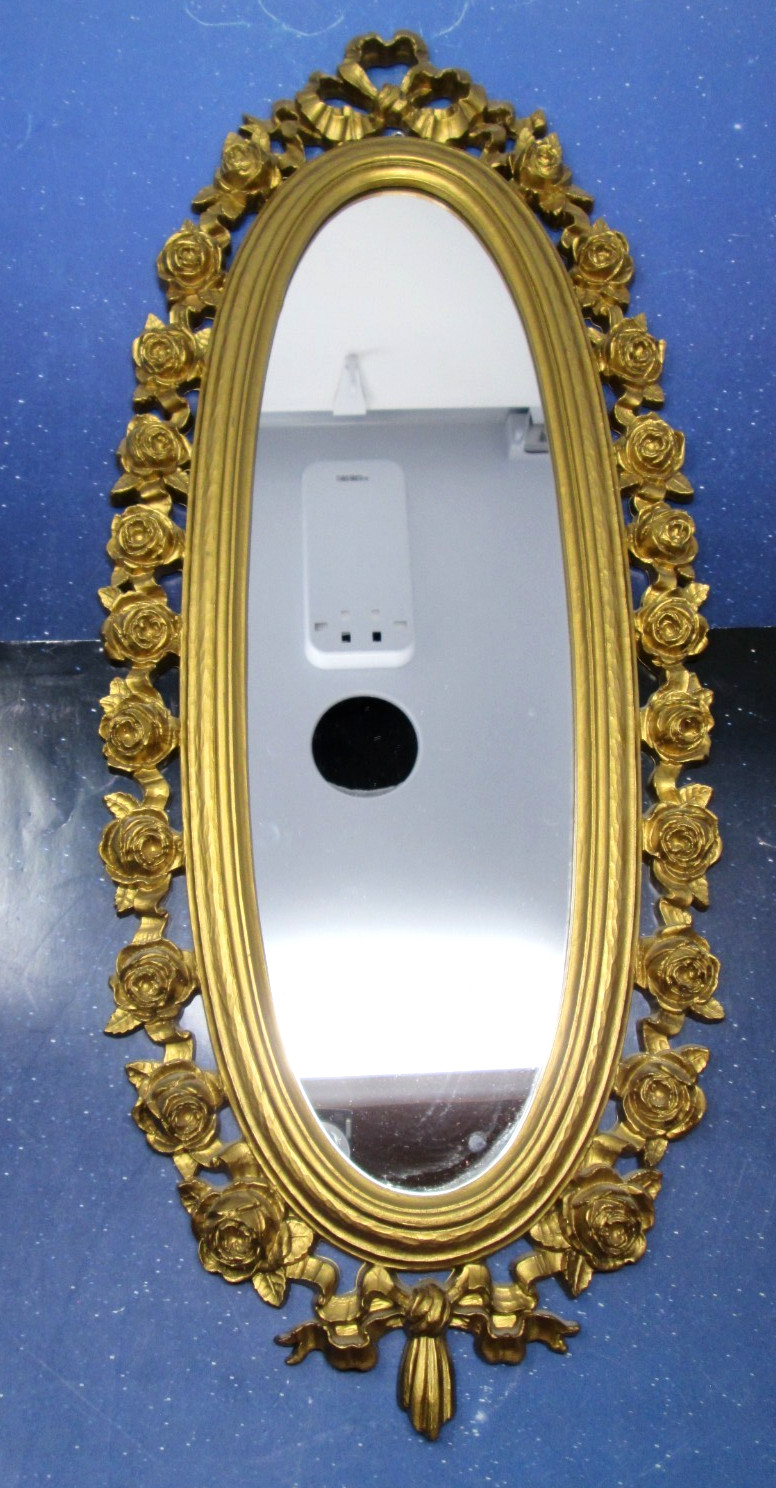 Vintage Mirror Oval Gold Frame Roses Bow Hollywood Regency Romantic 25in x 10in gallery