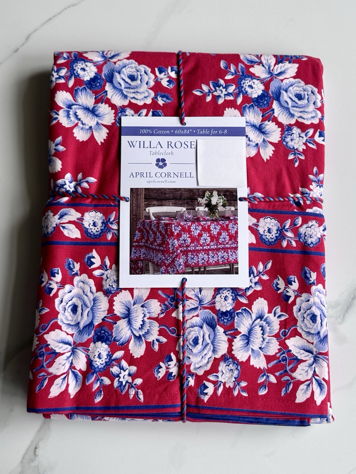 NWT APRIL CORNELL - WILLA ROSE - RED WHITE BLUE FLORAL - 60" x 84" TABLECLOTH gallery