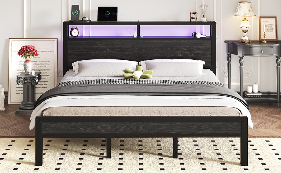 Twin/Full Size LED Light Bed Frame with 2-Tier Storage Headboard and Charging.