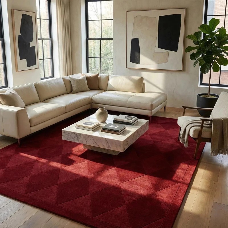 Hand Tufted Red Geometric Diamond Wool Area Rug 8x10 Modern Contemporary Design gallery