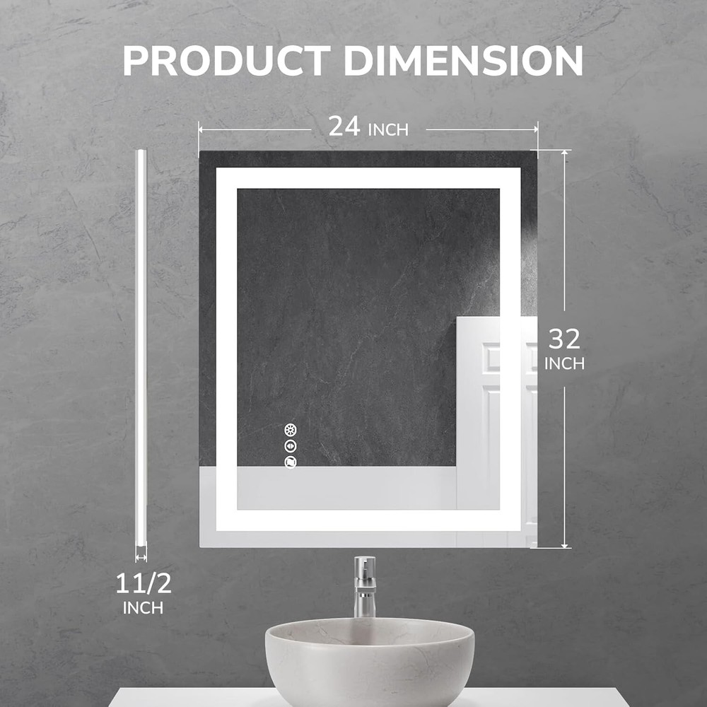 Dimmable LED Bathroom Mirror Lighted Touch Vanity Mirror Anti-Fog 3000K-6000K