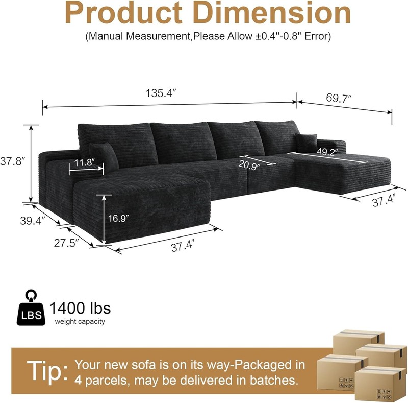 135"Boneless Couch Sectional Cloud Sofa Corduroy Left Facing Chaise with Ottoman gallery