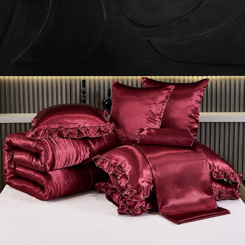 Silk Like Satin Comforter Set with Sheet Set King 8 Pcs Burgundy Satin Bedding S gallery