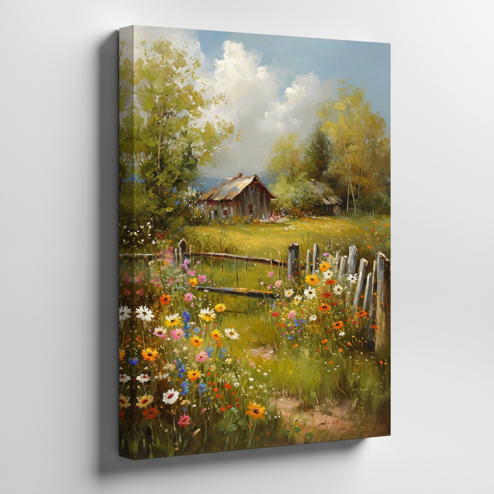 Rustic Country Landscape Canvas Wall Art Floral Meadow Barn Scene Decor Print gallery