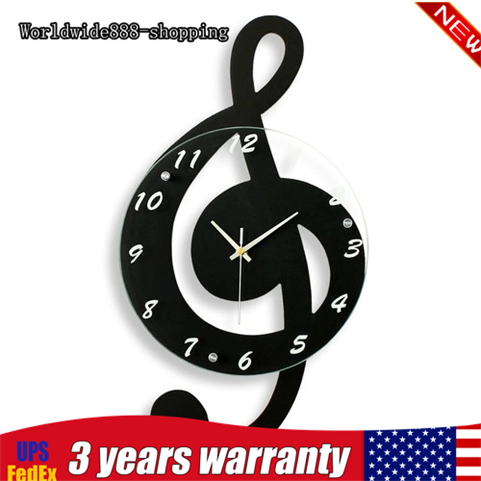 Modern Musical Note Glass Wall Clock Living Room Hanging Clocks Silent 9.5" US gallery
