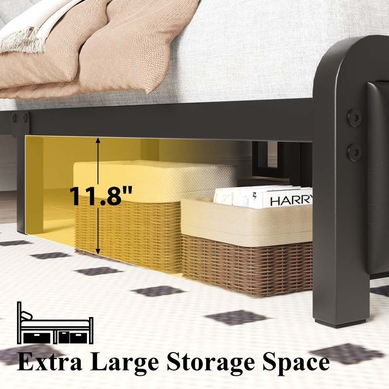 Full Queen Size Upholstered Bed Frame with Charging&Storage Headboard, LED Light gallery