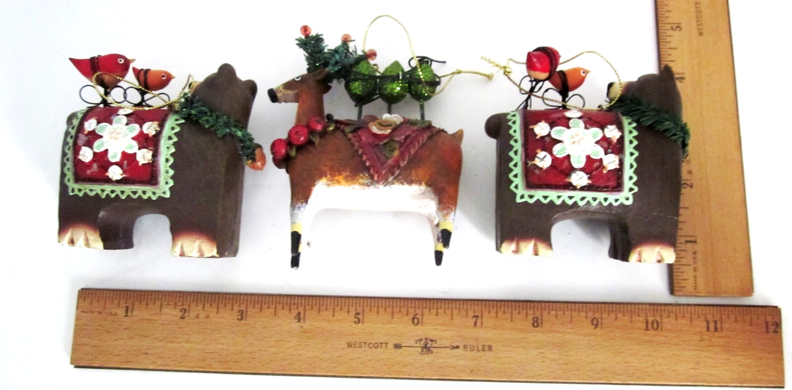 3 Whimsical Forest Animal Christmas Ornaments Resin 2 Bears w/Birds 1 Reindeer gallery