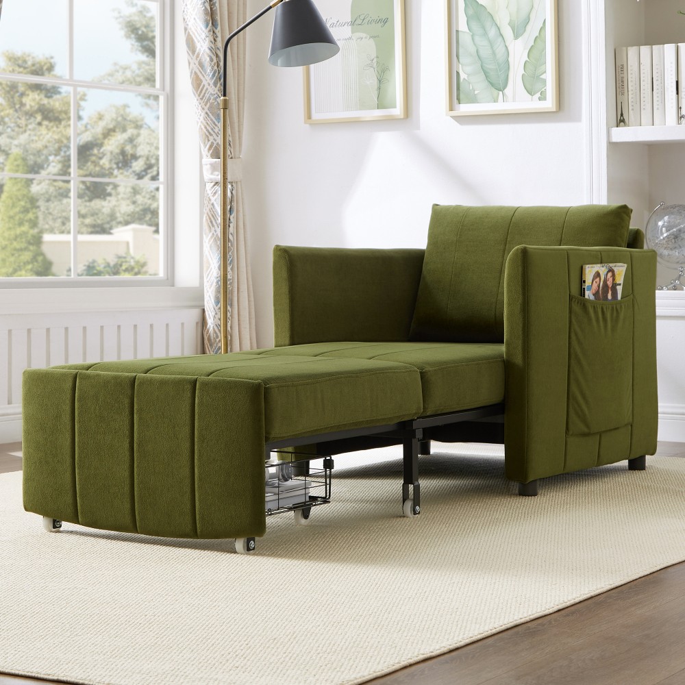 Convertible sofa bed W 5 position adjustable backrest and side storage pockets gallery