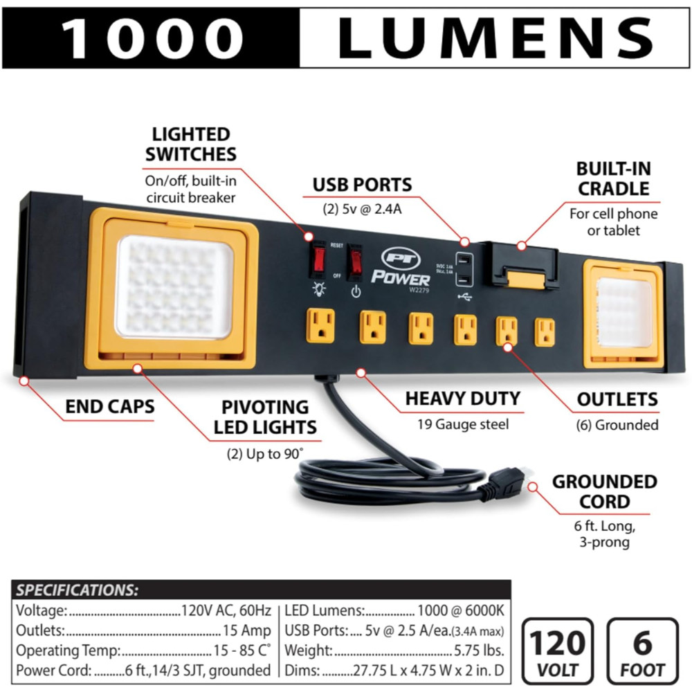 Performance Tool 1000LM 120V Workbench Power Station with built-in LED Lighting gallery