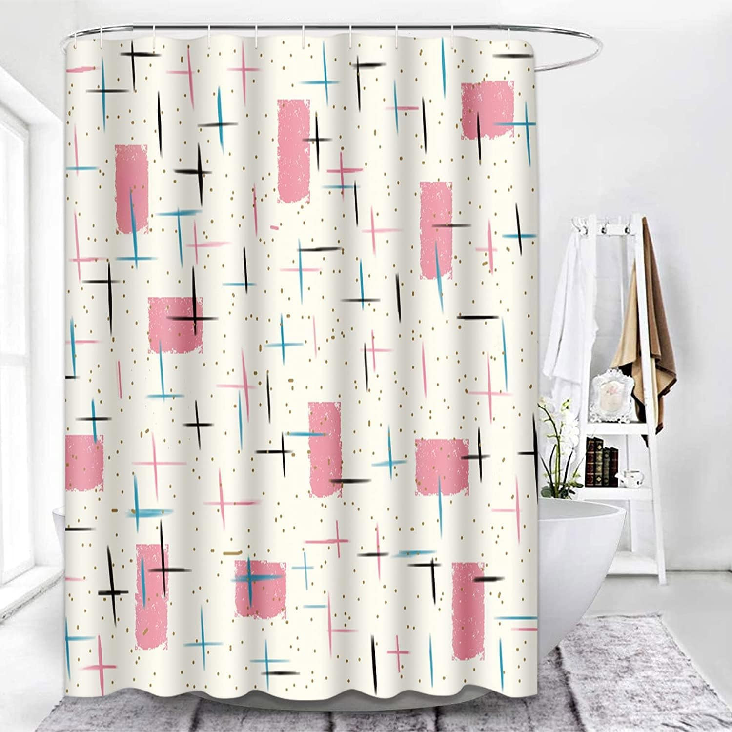Shower Curtain Mid Atomic Pink Pattern Century Modern Turquoise 1950S Vintage 66 gallery