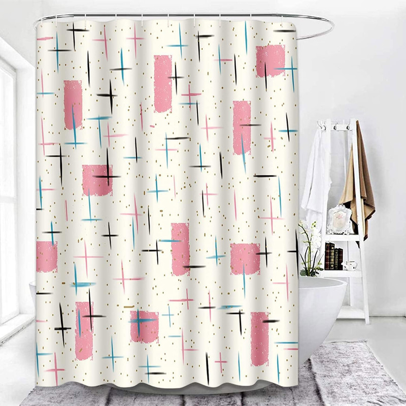 Shower Curtain Mid Atomic Pink Pattern Century Modern Turquoise 1950S Vintage 66 gallery