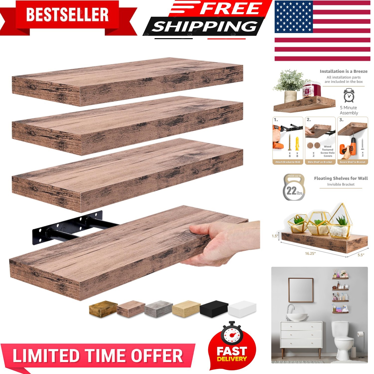 Sorbus Wall Mounted Floating Shelves for Wall Décor and Storage - 4-Pack gallery