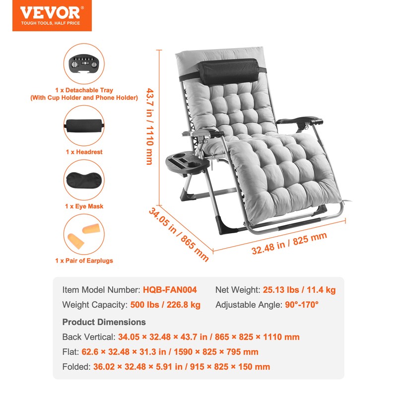VEVOR Zero Gravity Chair 33" Zero Gravity Recliner Lounge Chair Indoor & Outdoor gallery