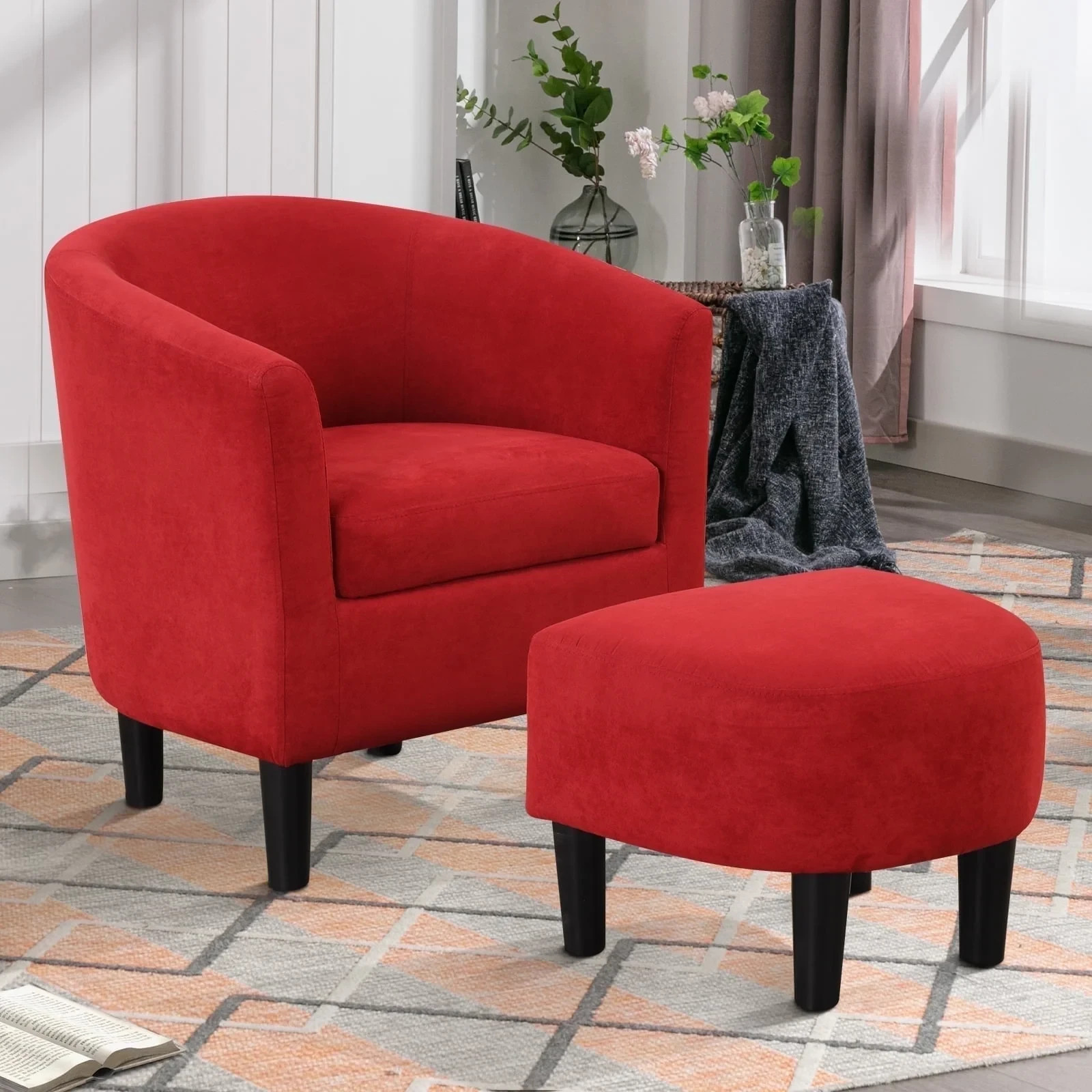 EBELLO Modern Accent Chair with Ottoman Red Upholstered Barrel Reading Chair gallery