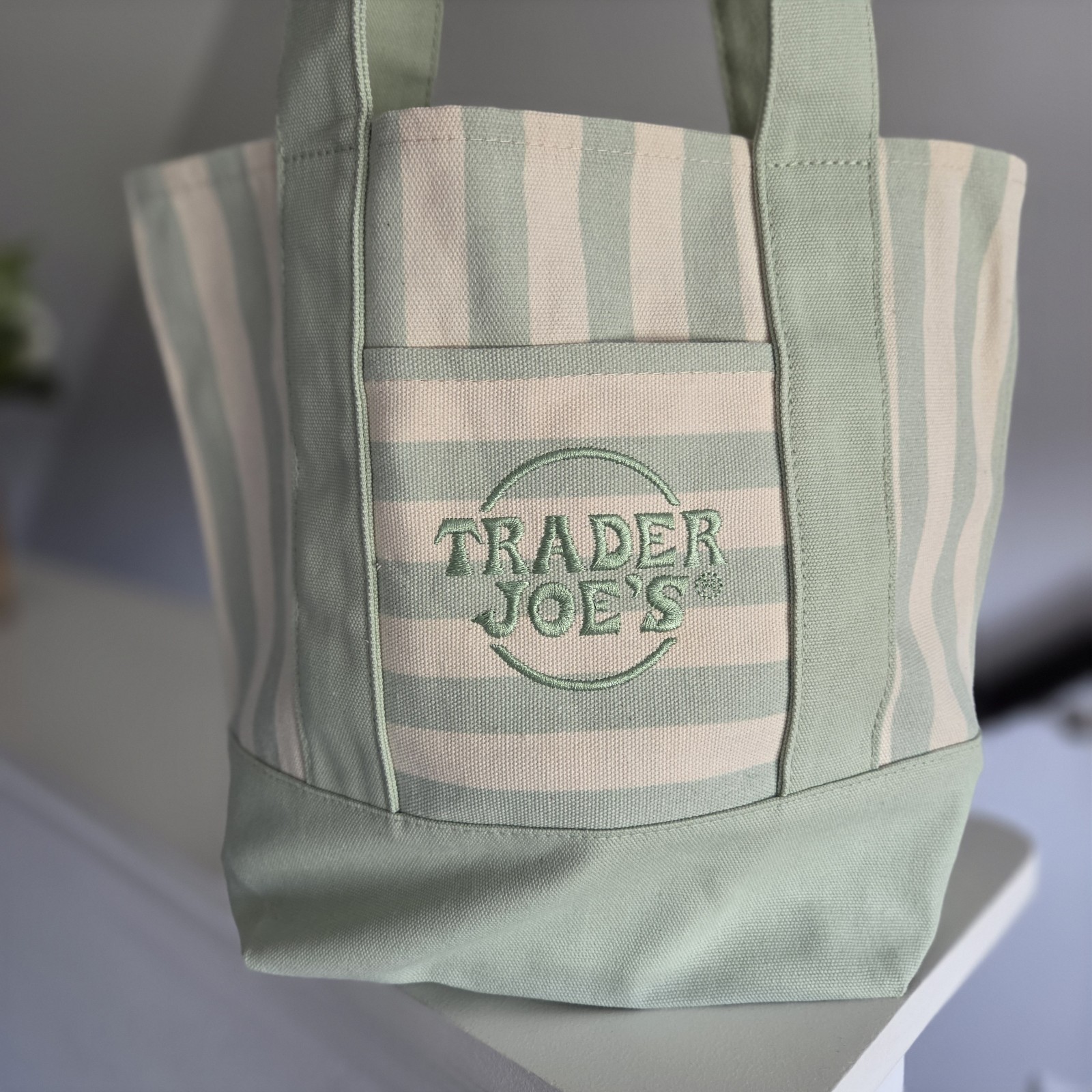 Trader Joe's Limited Mini Canvas Pastel Striped Tote Bag 2026 Seafoam Green gallery