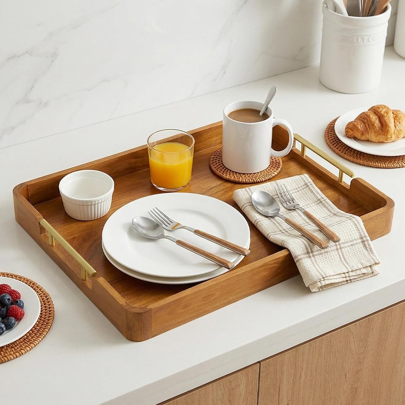 Solid Teak Wood Serving Tray with Handles 20"x14" Patters for Serving Food Party gallery