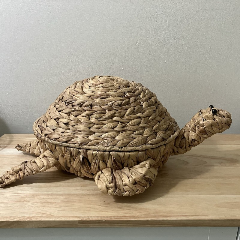 Pottery Barn Woven Turtle Basket Storage Lid 17" Water Hyacinth SEA Quirky gallery