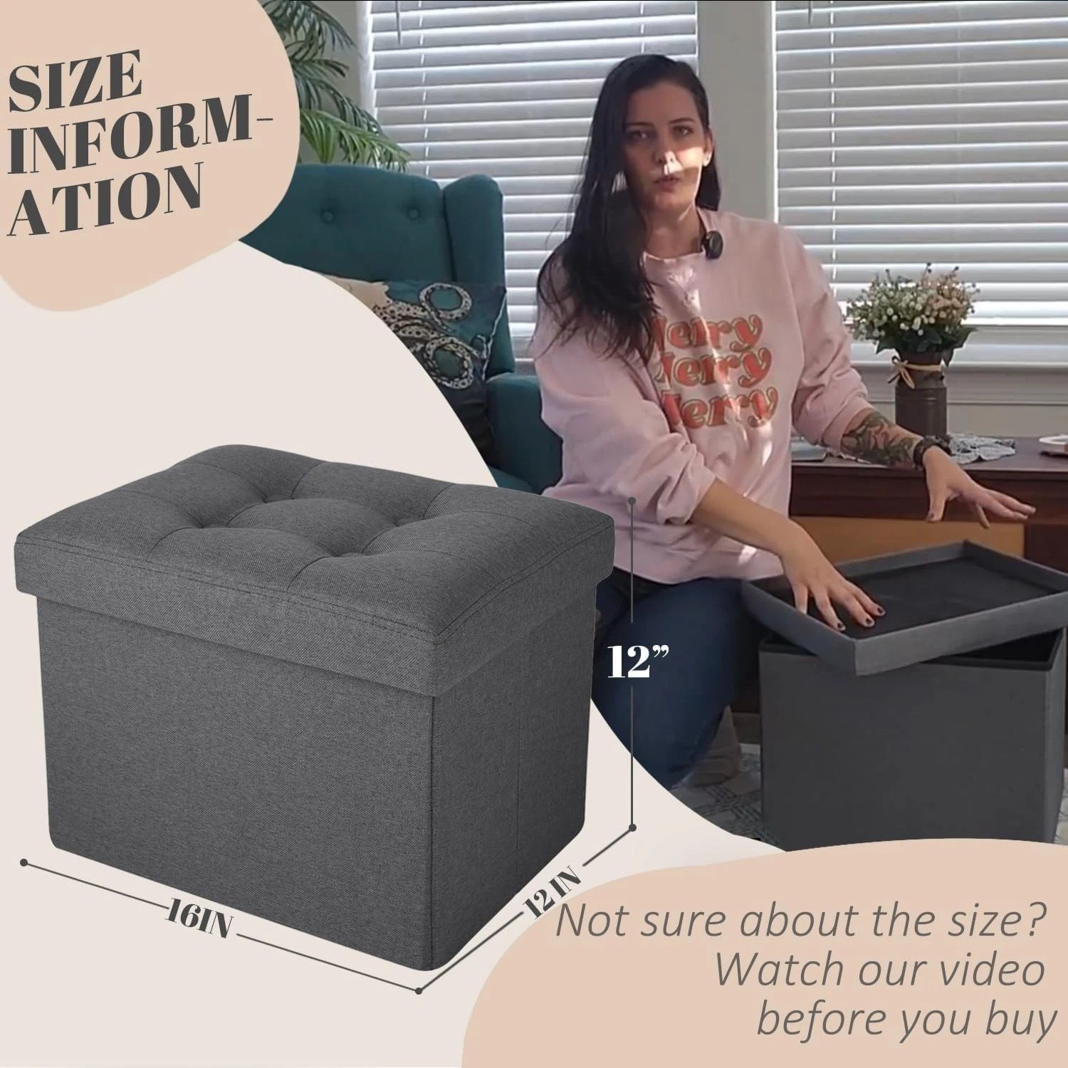 Ottoman Storage Foot Rest Stool Foldable Bench 16X12X12in, Darkgrey gallery