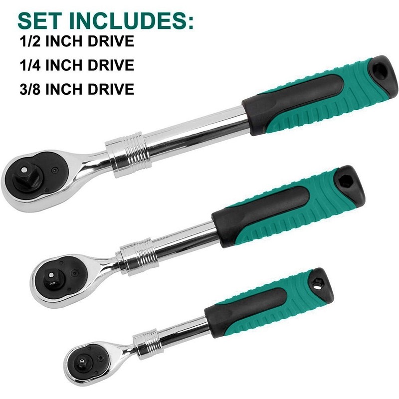 3PCS 1/4" 3/8" 1/2" Drive Ratchet Socket Wrench Quick-Release Spanner 72 Teeth gallery