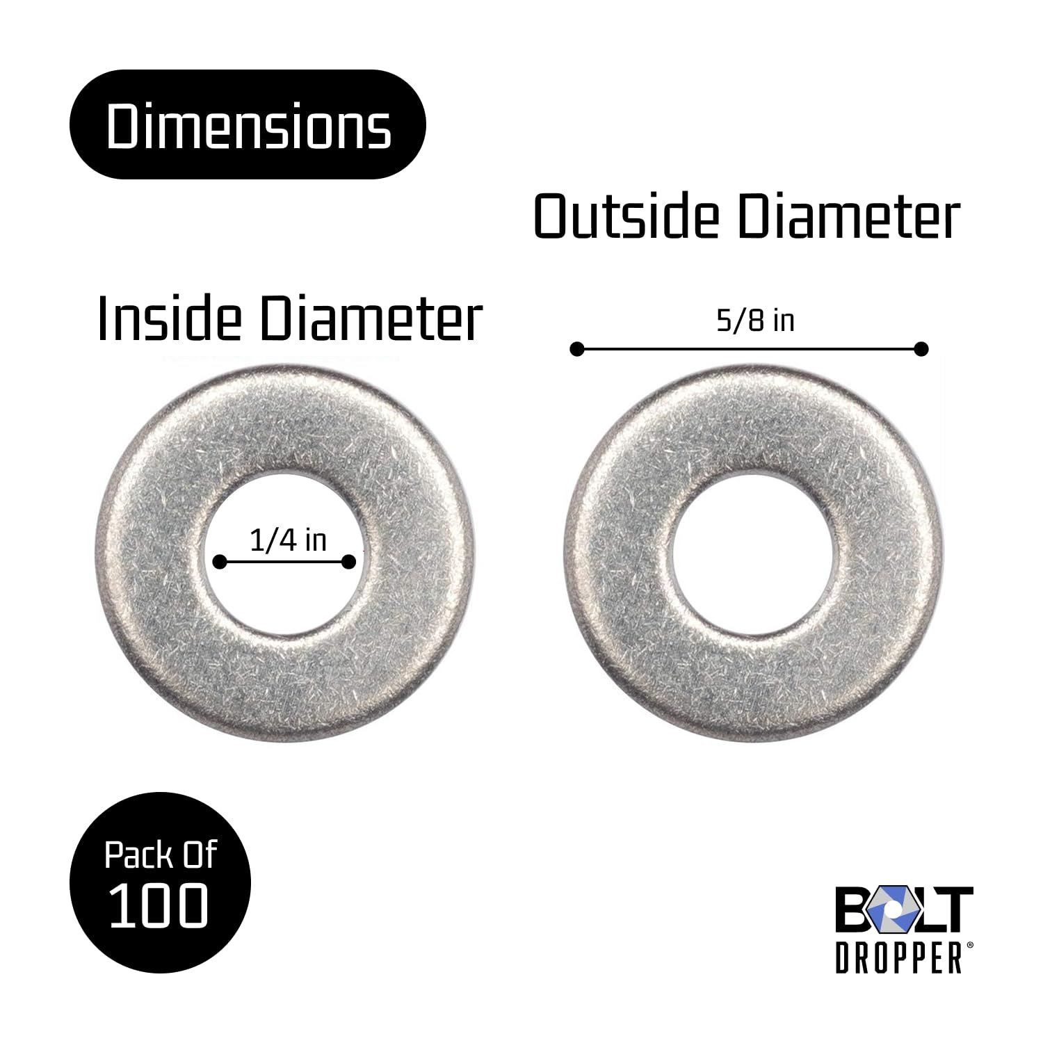 100 Bulk Pack Stainless Steel Flat Washer by 1/4" x 5/8" - 100 pcs, Silver gallery
