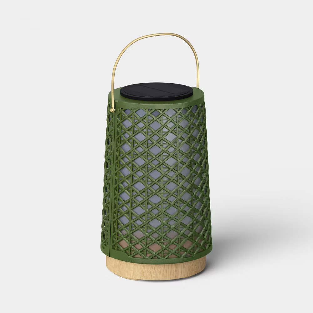 Rattan Battery/Solar LED Outdoor Medium Lantern Heathered Green - Threshold gallery