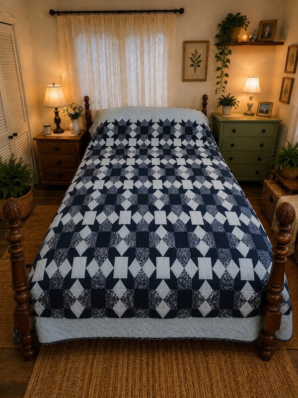X Large HandStitched Blue White Patchwork Quilt King 106x98 Reversible Bedspread gallery