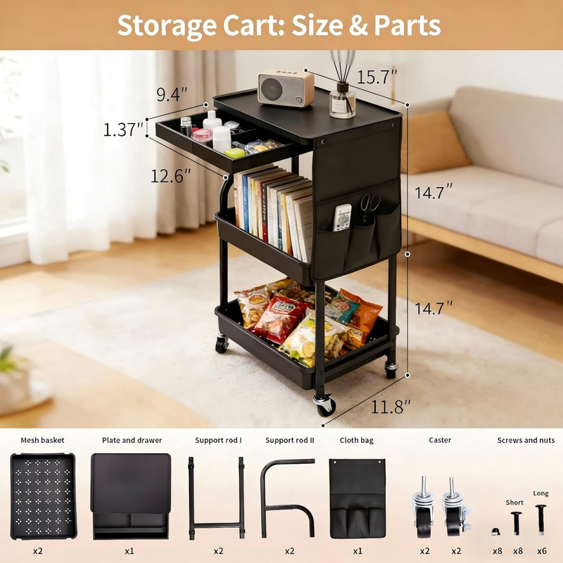 3-Tier Rolling Storage Cart with Pull-Out Drawer & Side Organizer, Heavy-Duty Ca gallery