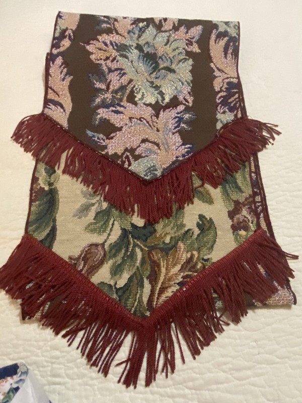 Tapestry style Table Runner 12” X 70”. Green Red Brown on Off-white. Hand Made gallery