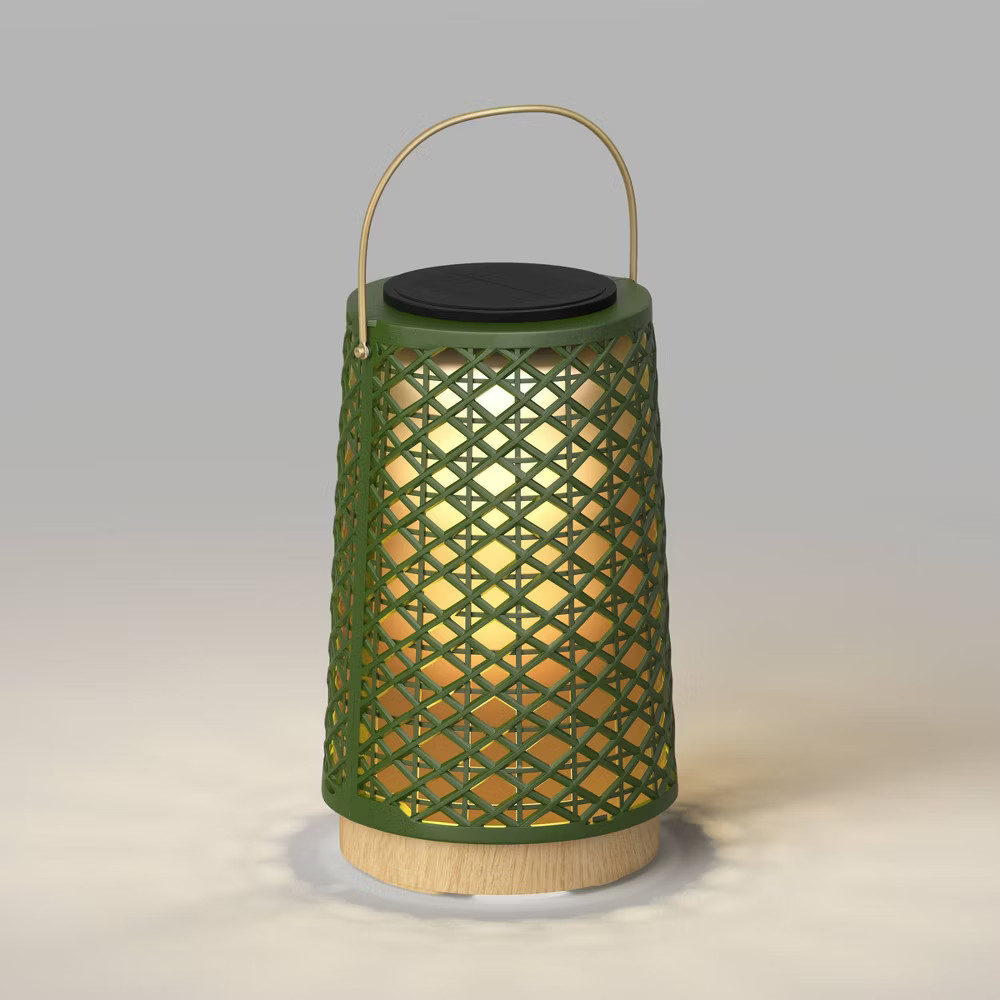 Rattan Battery/Solar LED Outdoor Medium Lantern Heathered Green - Threshold gallery