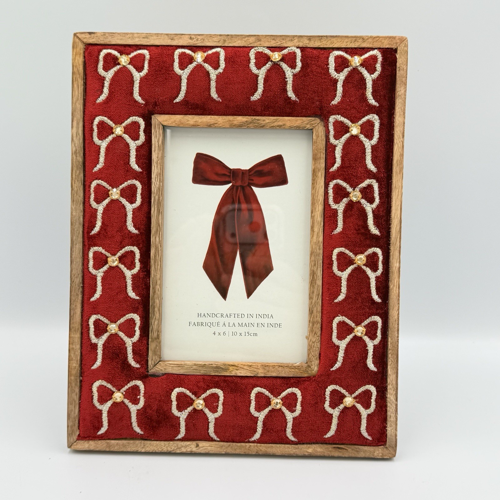 Handcrafted Red Velvet Beaded Bow Picture Frame Wood Coquette Romantic Decor 4x6 gallery
